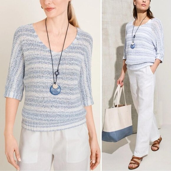 Chico’s Women’s Size1 Medium Linen Blend Striped Tape Yarn V-Neck Knit Pullover - Picture 2 of 7